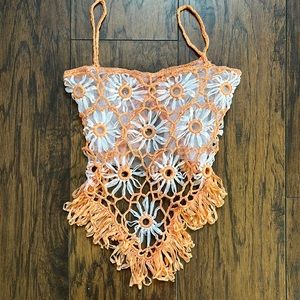 By Deep Los Angeles Orange/White Boho Festival Floral Open Crochet Floral Top